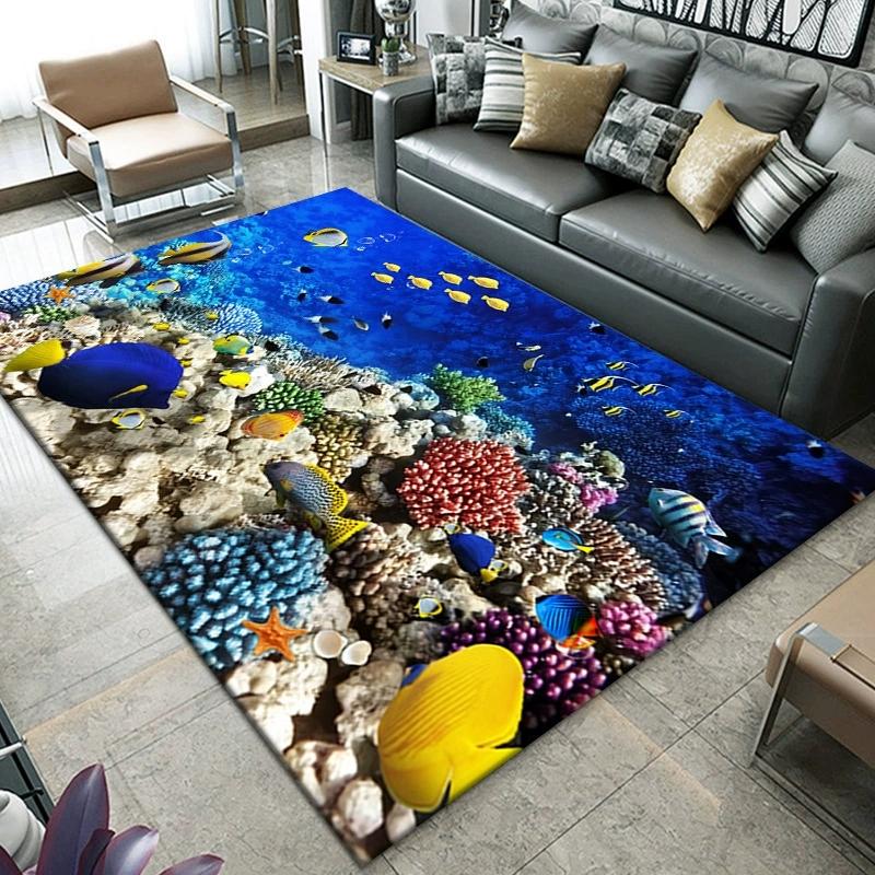 Living Room Large Carpet 3D Visual Printing Underwater World Coral Fish School Pattern Rug Bedroom Dining Room Non Slip Mat