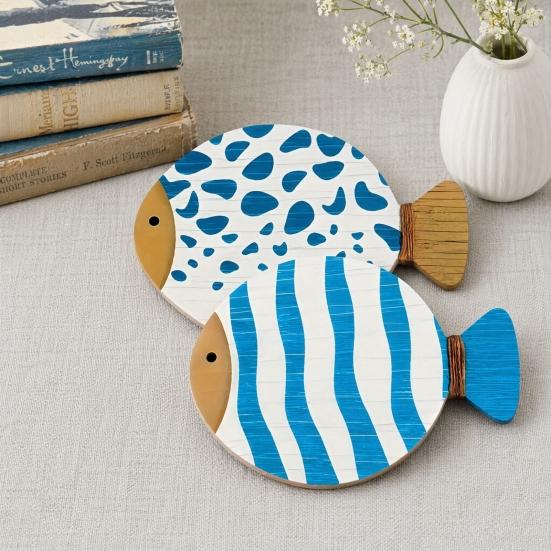 Wooden Coasters, Coastal Ocean Theme Fish/Checkered Plaid Pattern Coasters for Drinks, Coffee Table, Home, Kitchen, Office, Bar Decor