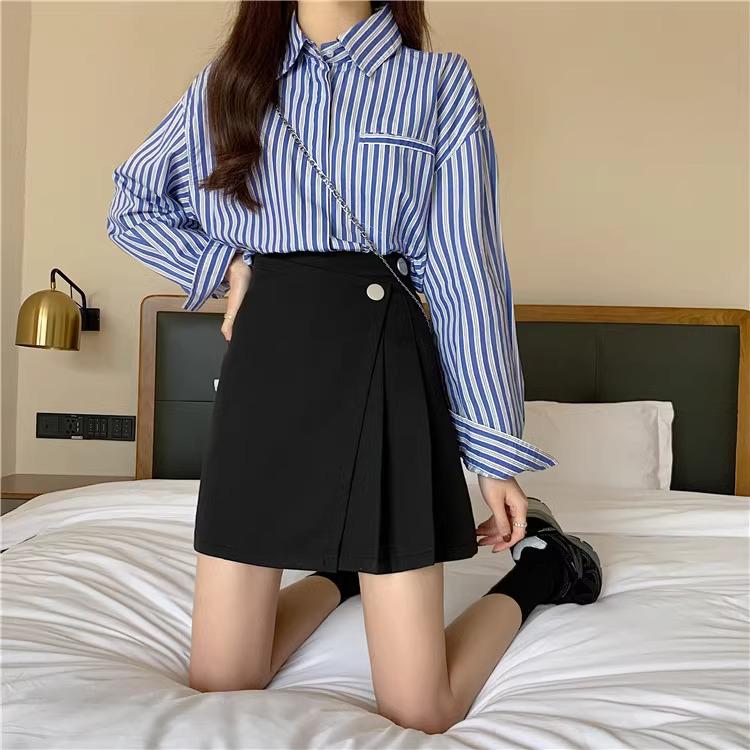 2024 Spring Women's Black High-Waist Irregular A-Line Skirt, Korean Style