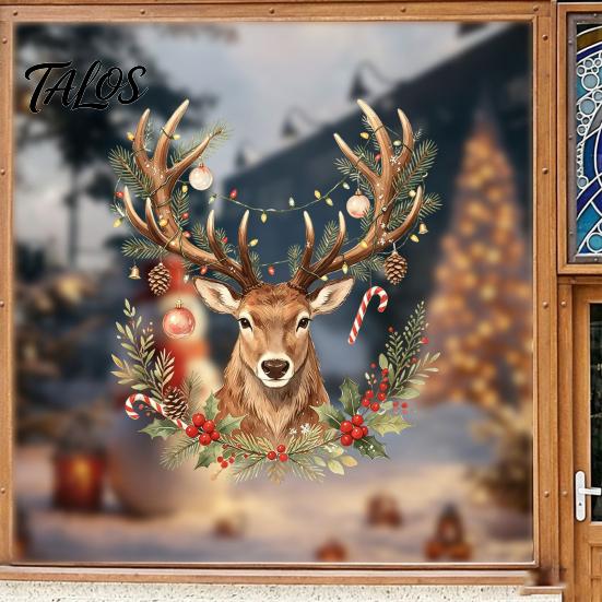 Christmas Window Decals Watercolor Reindeer Cling, Removable Reusable Elk Head Static Waterproof PVC Clings Decal, Animal Decorative Glass Sticker for