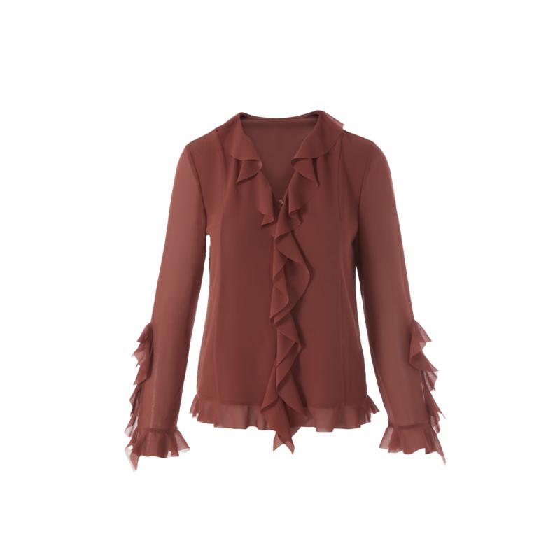 EiLEEN ELITEE Brown-Red Ruffle V-Neck Blouse M