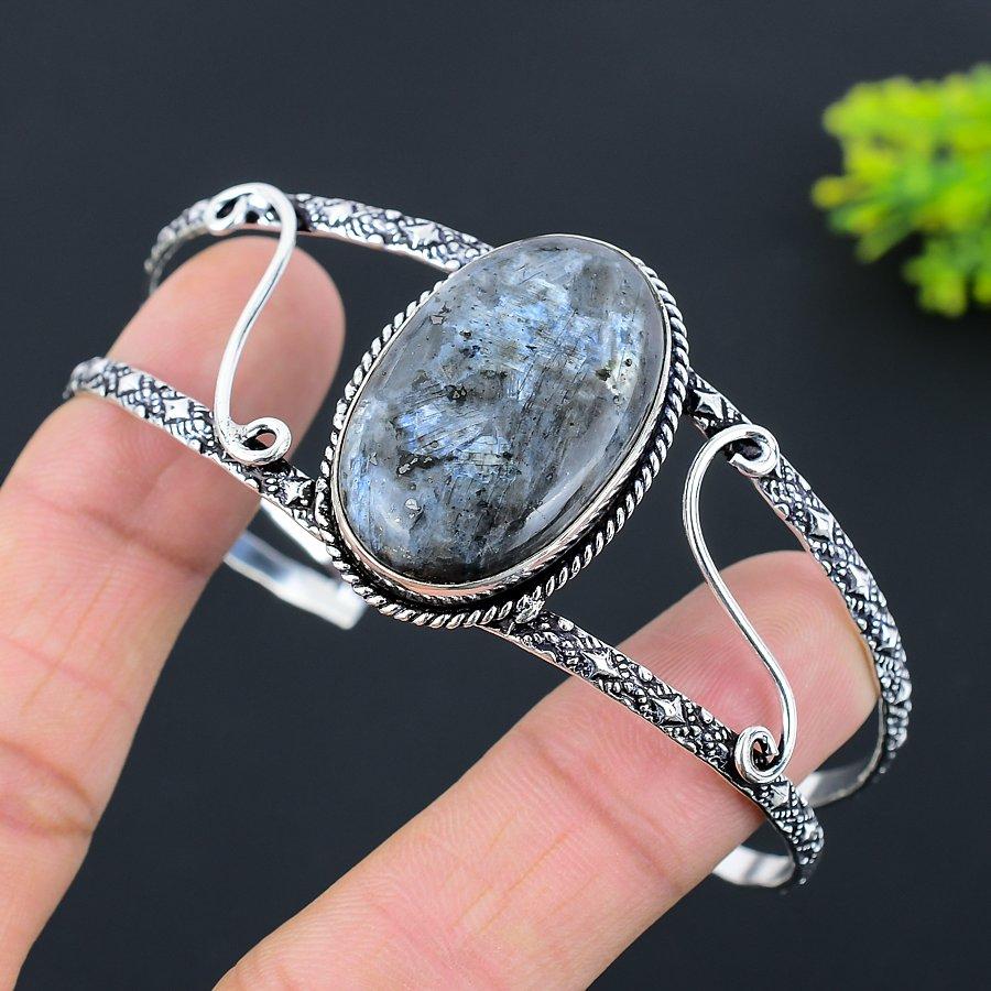 Přírodní larvikit Ručně vyrobený náramek z ryzího stříbra 925 Nastavitelný F2k15