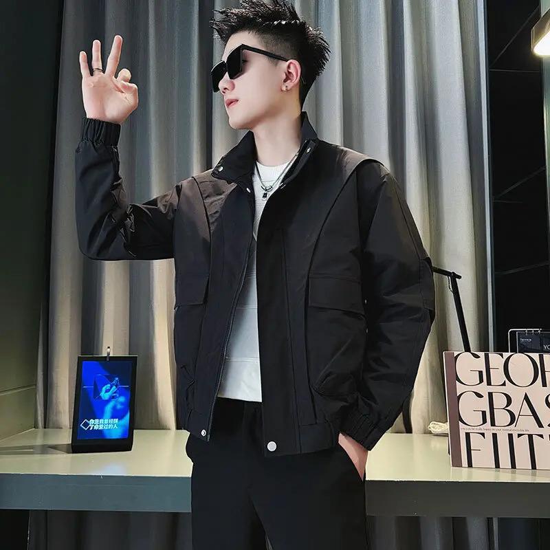 Korean Slim Fit Patchwork Jacket for Men - Spring/Autumn Stand Collar Casual Top 2XL