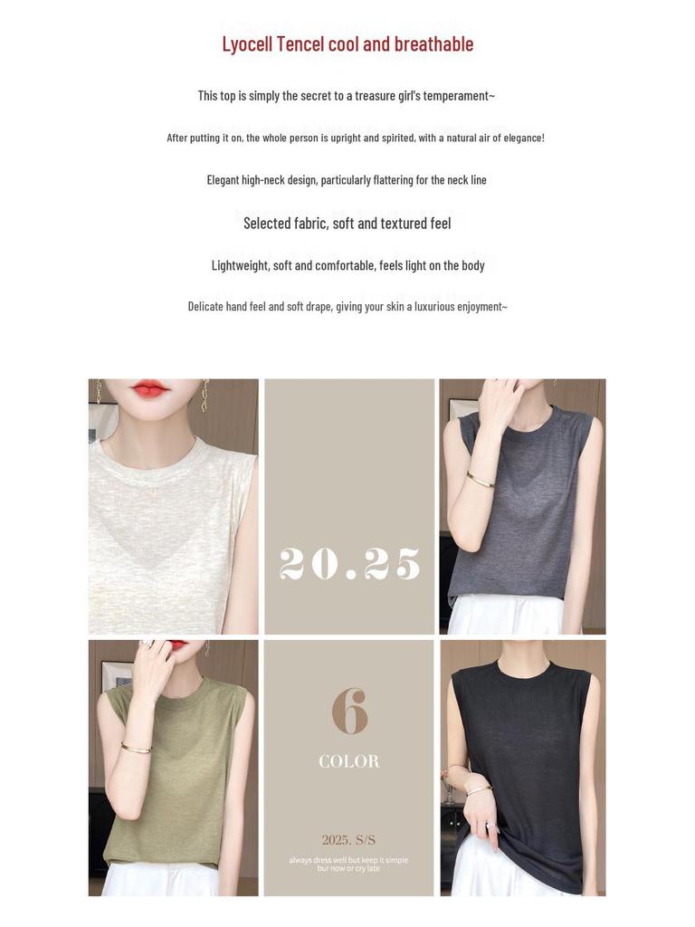Minimalist Women's High Neck Fine Knit Thin Vest Pullover Camisole for Spring/Summer