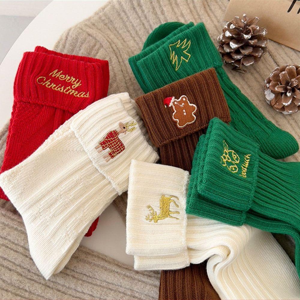 Cotton Christmas Embroidery Socks Christmas Tree Mid-Tube Socks Cute Cartoon Hosiery  Cosplay