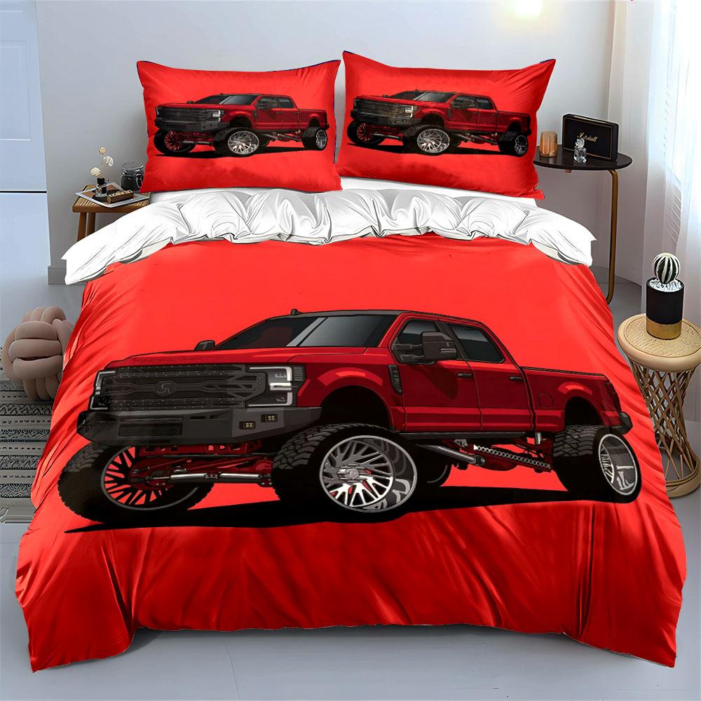 Lifted Red Truck Illustration Bedding Duvet Cover Set (1*Duvet Cover 2*Pillowcases, without duvet insert)