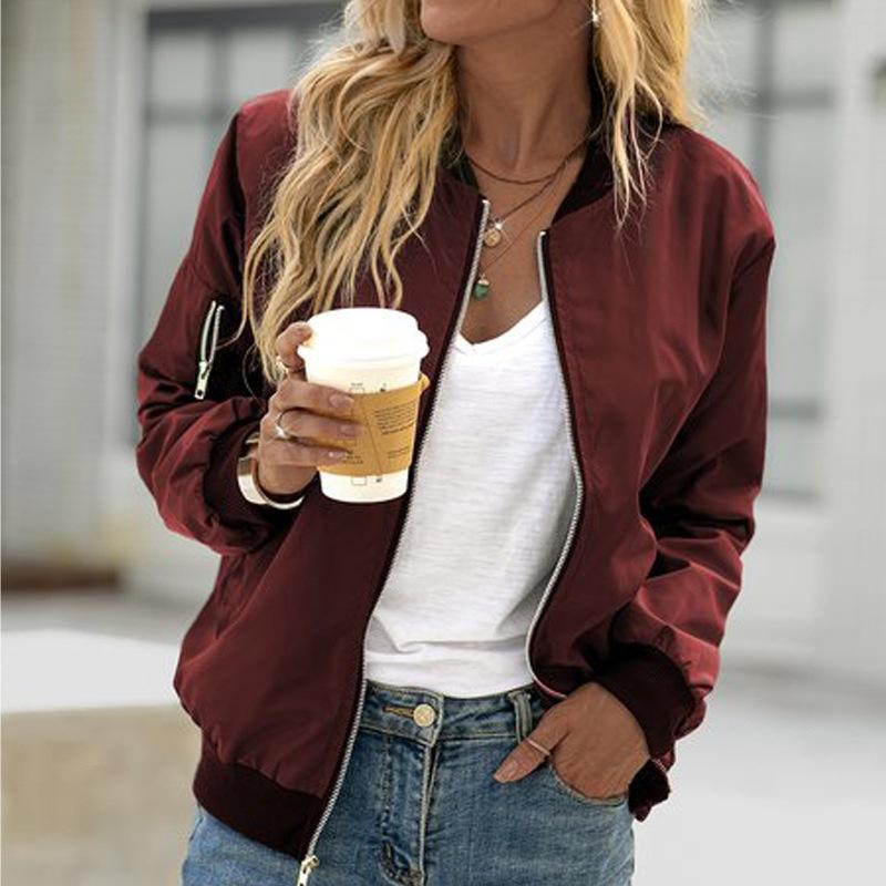 women's Crew Neck Long Sleeve Solid Color Zip Up Bomber Jacket Casual Loose Baseball Outerwear Coat