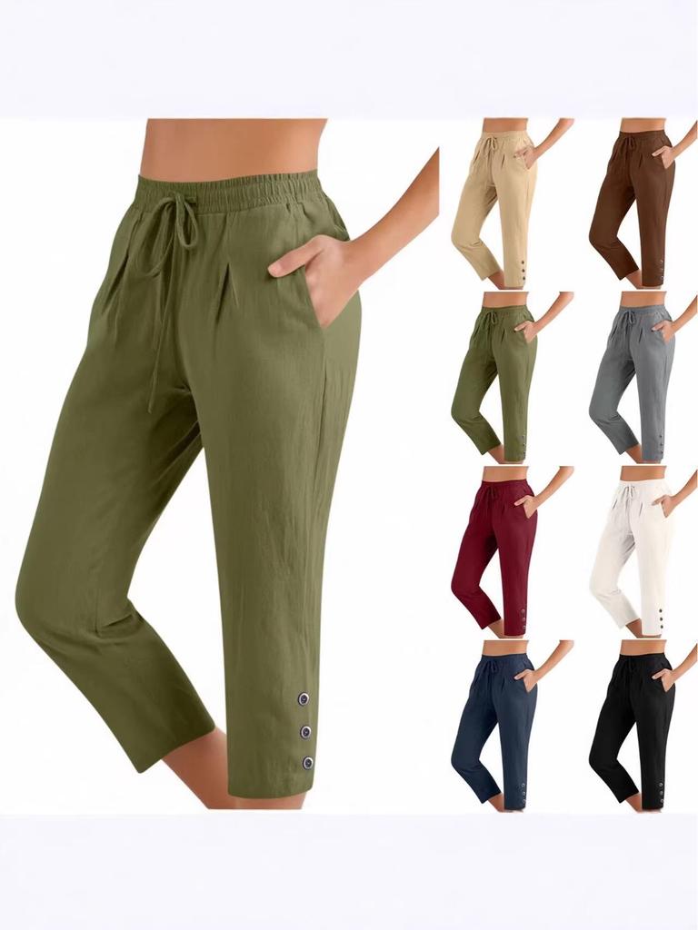 2025 Cotton Linen Loose Fit Button Cropped Pants