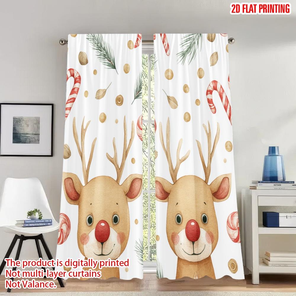 

Set Of 2 Flat Printing Christmas Hot Curtains Reindeer Candy Cane Digital Printed Polyester Drapes Festive Classic Made W100*H70(CM)-Rod Pocket&1PCS