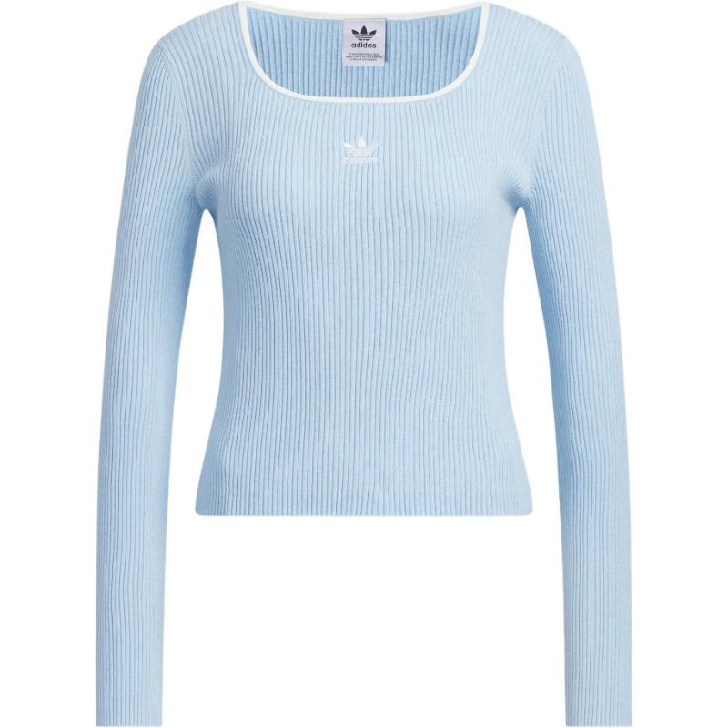 adidas Originals Slim Fit Square Neck Ribbed Knit Long Sleeve Top Light Blue Women JM8054 XL