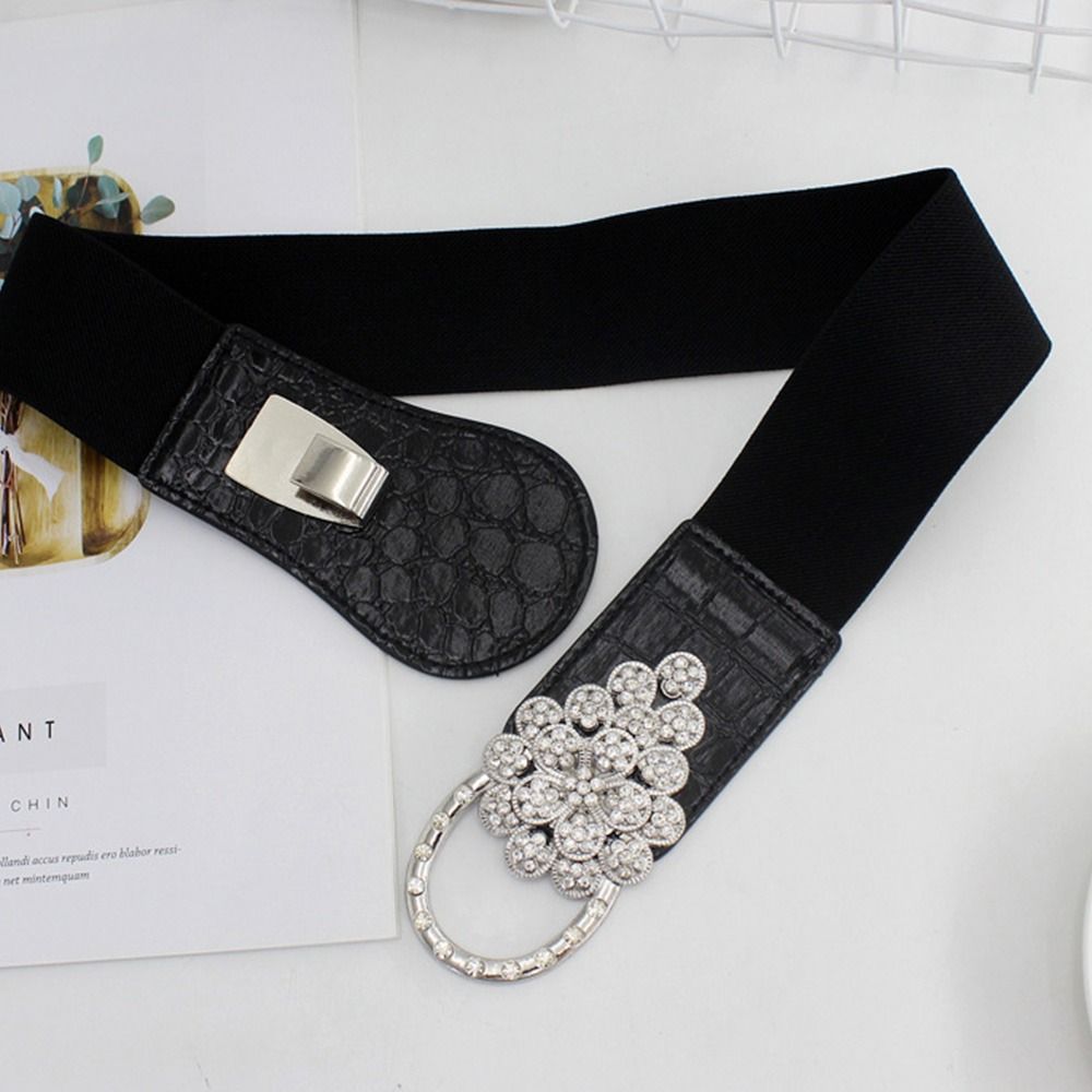 Casual Stretch Crystal Buckle Waistband Cinch Waist Belt Wild Skirt Bands Ladies Dress Cummerbund