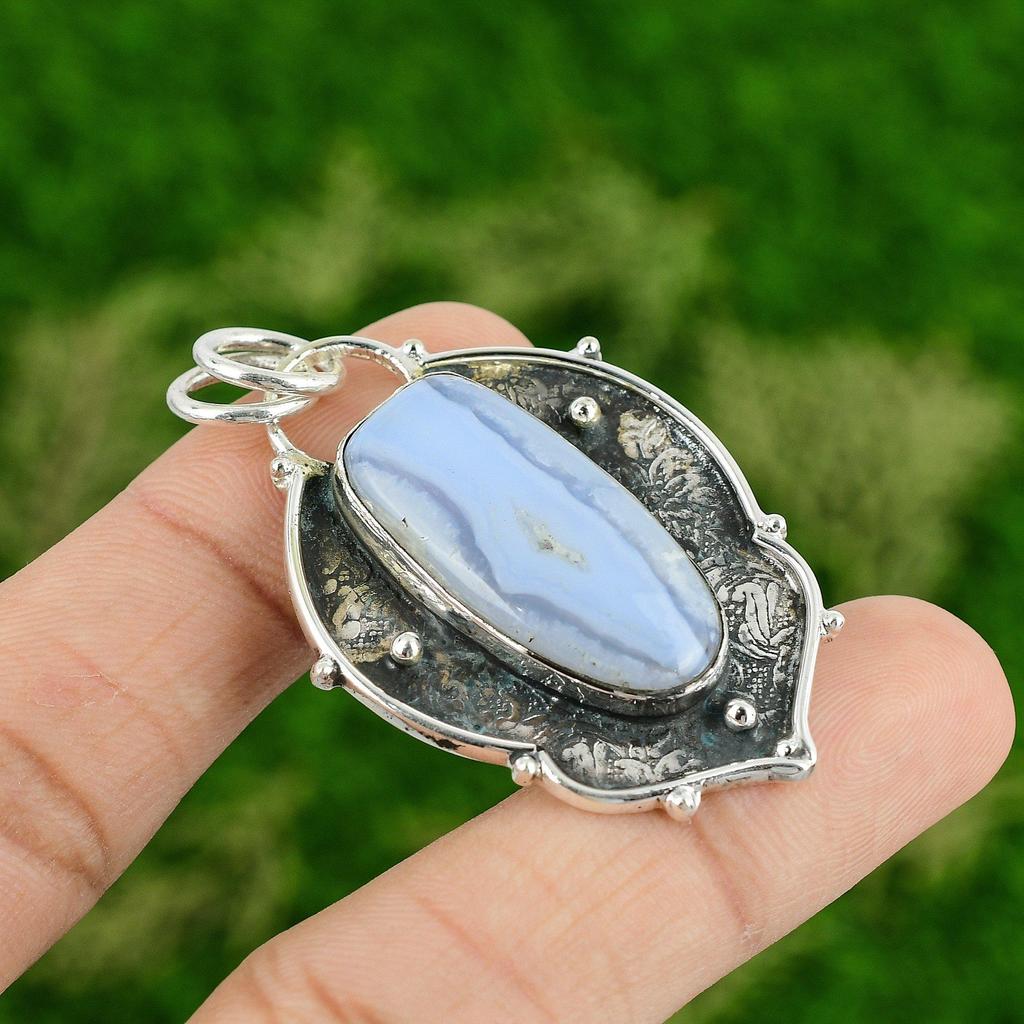 Daughters Day Deal Oval Blue Lace Agate Stone 925 Silver Elegant Wedding Pendant