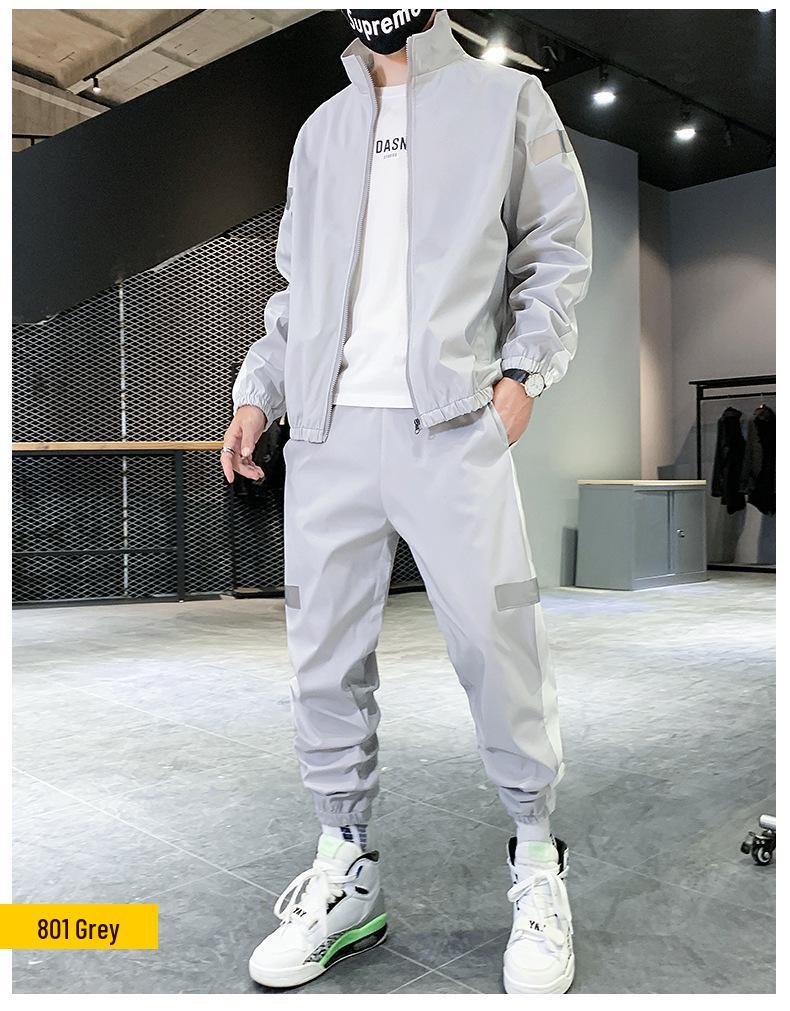 Men's Autumn Casual Sports Cardigan Set with Reflective Stripes, Printed Design, Popular In Group Buys.