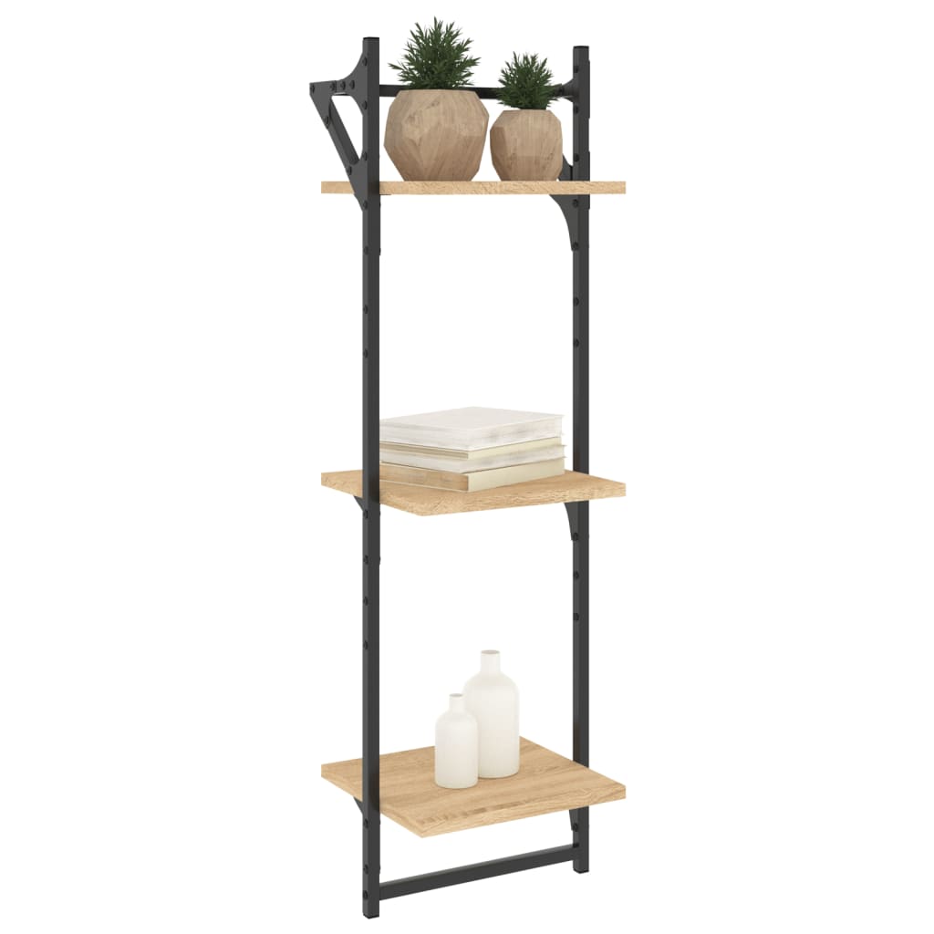 Wall Shelves with 3 Shelves and Bars 2 pcs Sonoma Oak