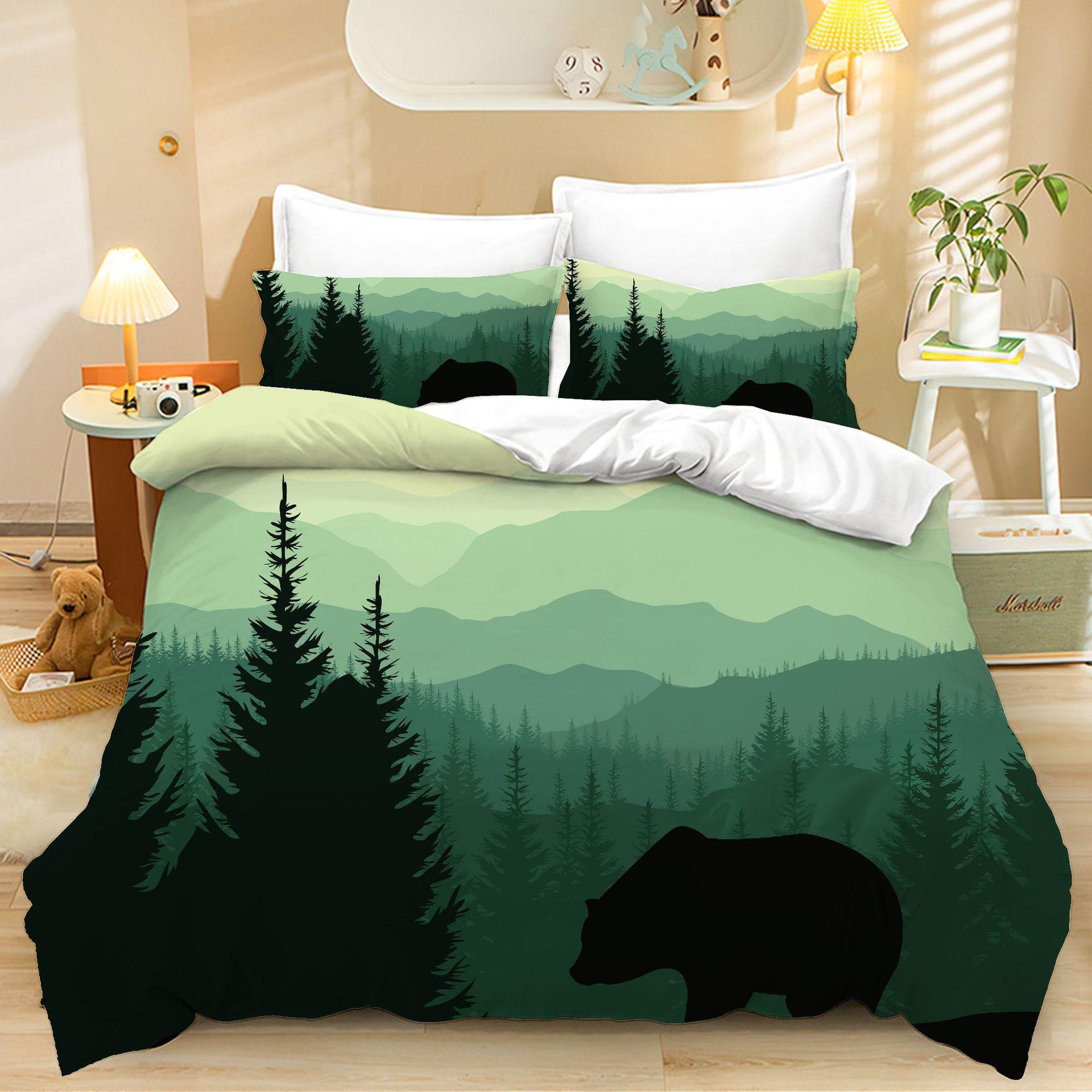 

Home Textile Three-Piece Set, Mountain Forest And Bear, Cartoon Digital Printing Quilt, Pillowcase, Bedding. 90 * 200 two-piece set