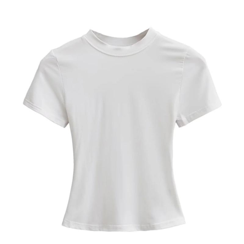 Amoi Women's Solid Color Kardashian Crew Neck Slim-Fit Short Bottom Shirt Basic Short Sleeve Shirt