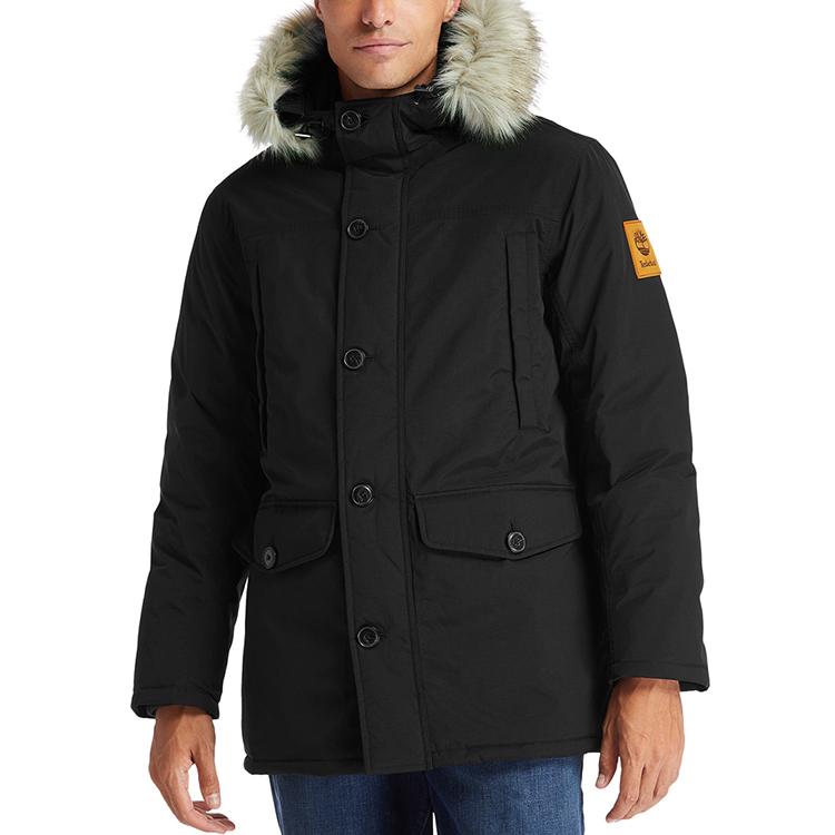 Timberland Mid-Length Warm Fur-Lined Hooded Cotton Jacket Men Outerwear Black A2ETY-001