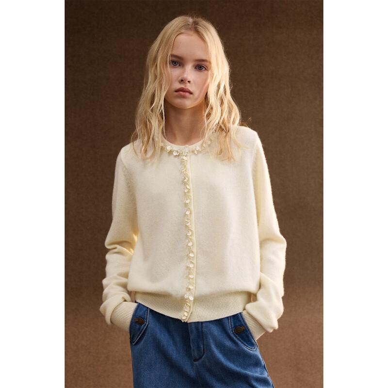 ELLE KIDS Girls' Wool Blend Hand-Embroidered Lace Cardigan