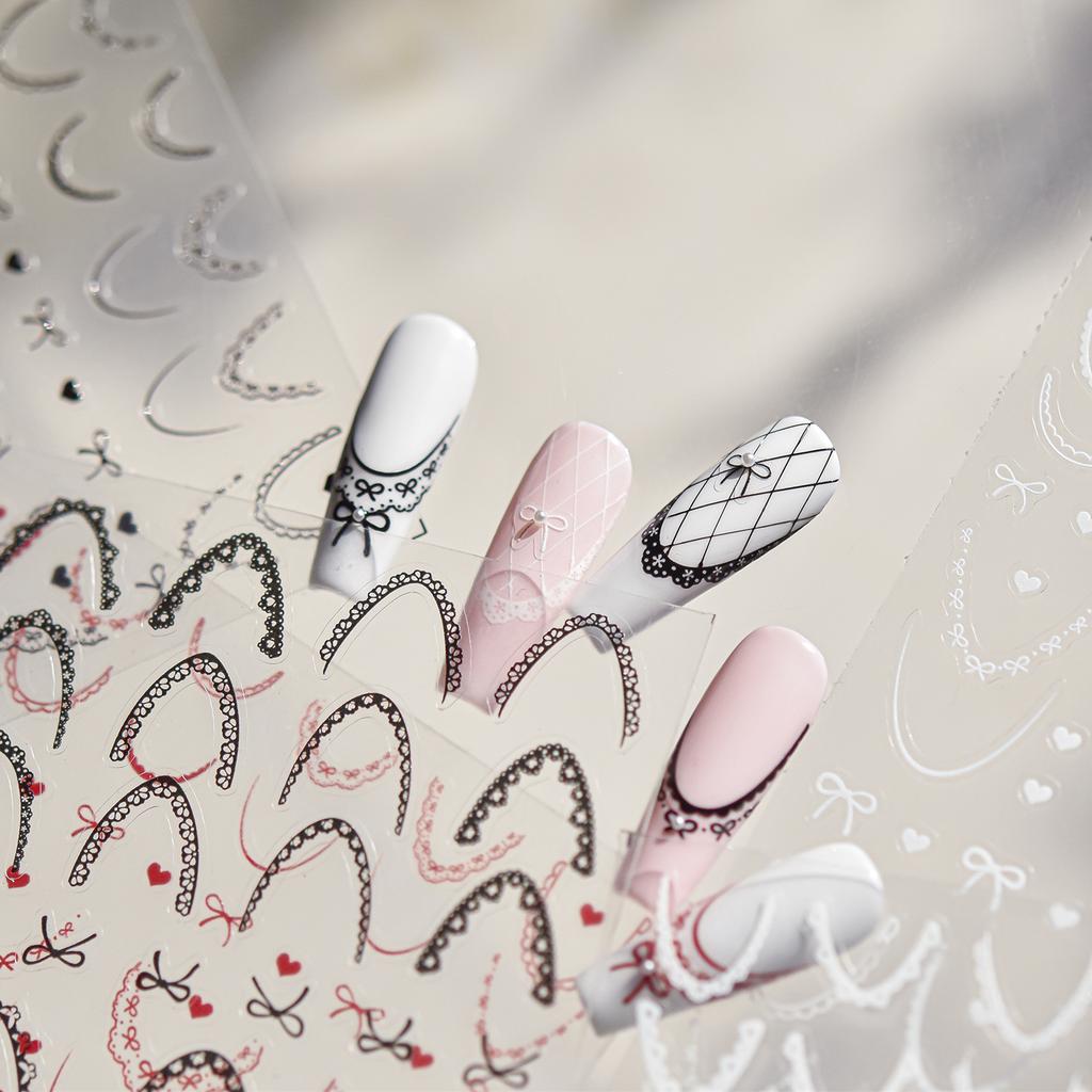 Lace French Nail Art Stickers 3D Thin and Tough Ballet- Nail Decorations Stickers Colors French Bow Love Adhesive Decals