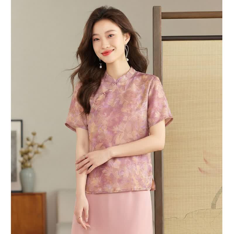Ou Di Fu Chinese Style Stand Collar Short Sleeve Blouse