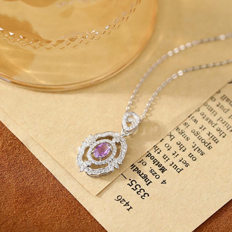 Natural spar pendant s925 sterling silver necklace women's premium elegant collarbone chain daily jewelry gift