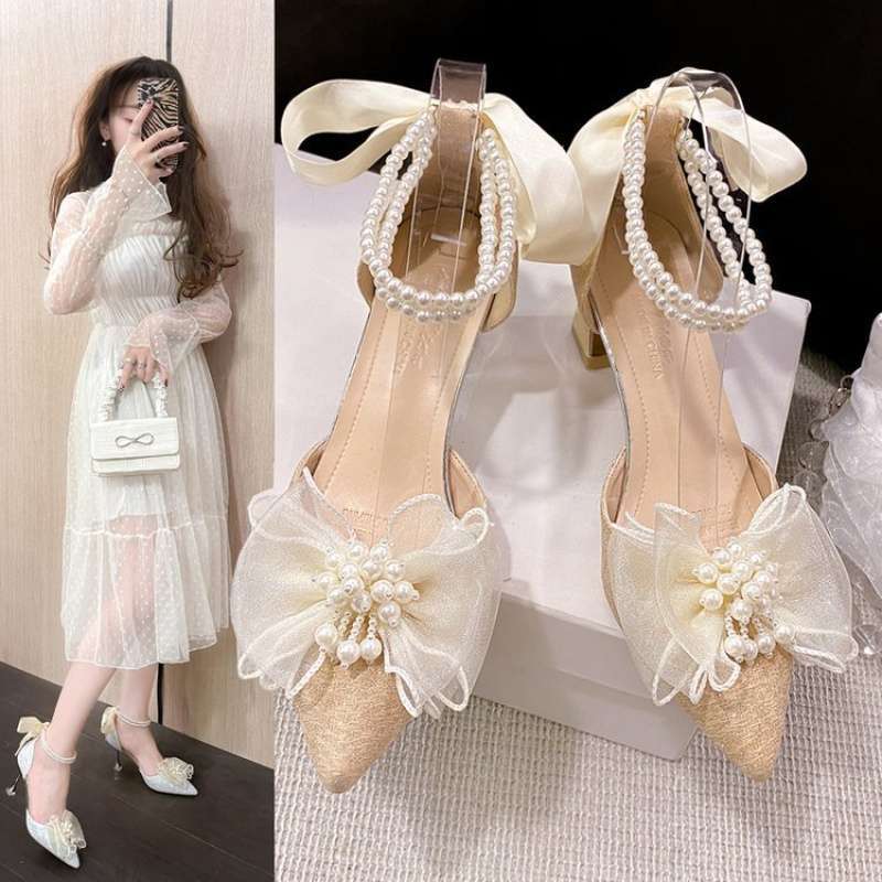 Medium heel stiletto high heels women's sandals 2025 summer new one-word buckle bow single shoes fairy style work shoes