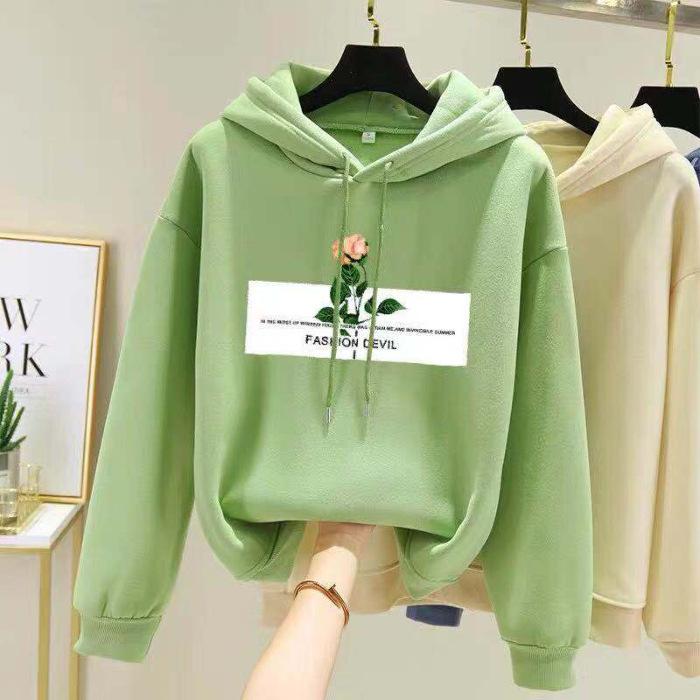 Korean Style Women's Fleece-Lined Hooded Sweatshirt, Plus Size, Loose Fit, Long-Sleeved, for Autumn and Winter.