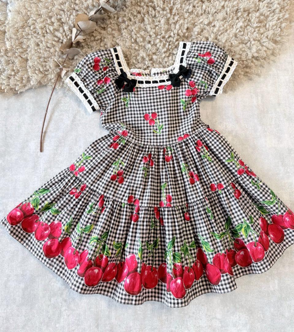 

[USED] Shirley Temple black gingham check cherry pattern dress
