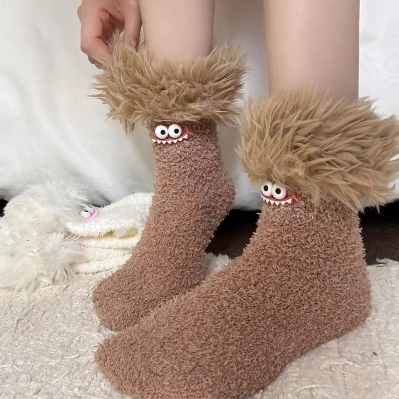 Funny Big Mouth Monster Plush Socks Cartoon Creative Warm Plush Thick Coral Velvet Sleeping Socks Winter Women Socks Gifts