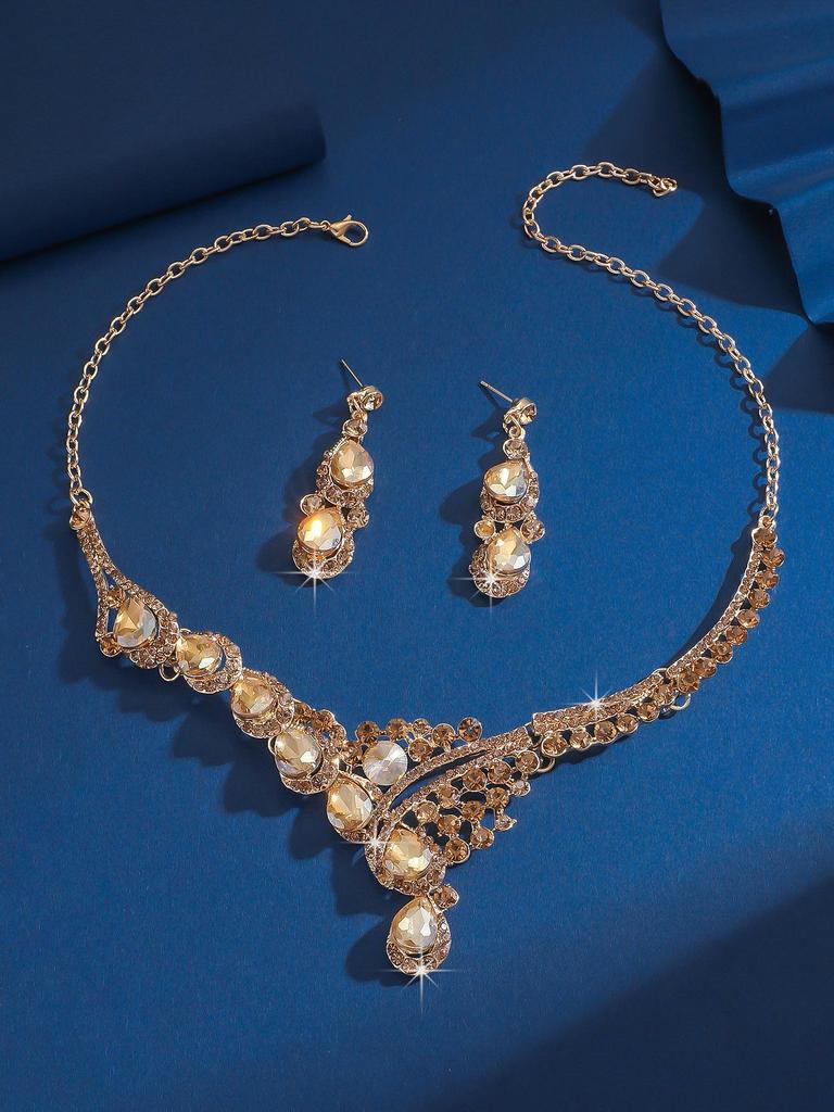 Colorful Rhinestone Crystal Necklace & Earrings Set for Women - Prom Costume Accessories