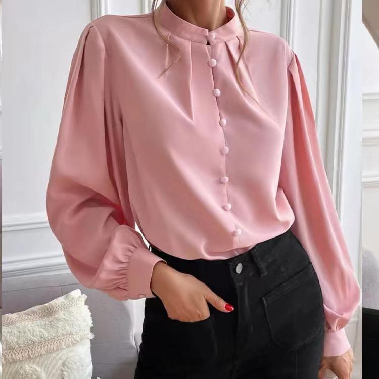 Button Up Elegant Women s Long Sleeve Solid Color Loose Fit Lapel Shirt S розовый