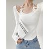 Sweet desire human lace-up neck fake two long-sleeved T-shirt women's autumn pure desire bow arc edge hem short top