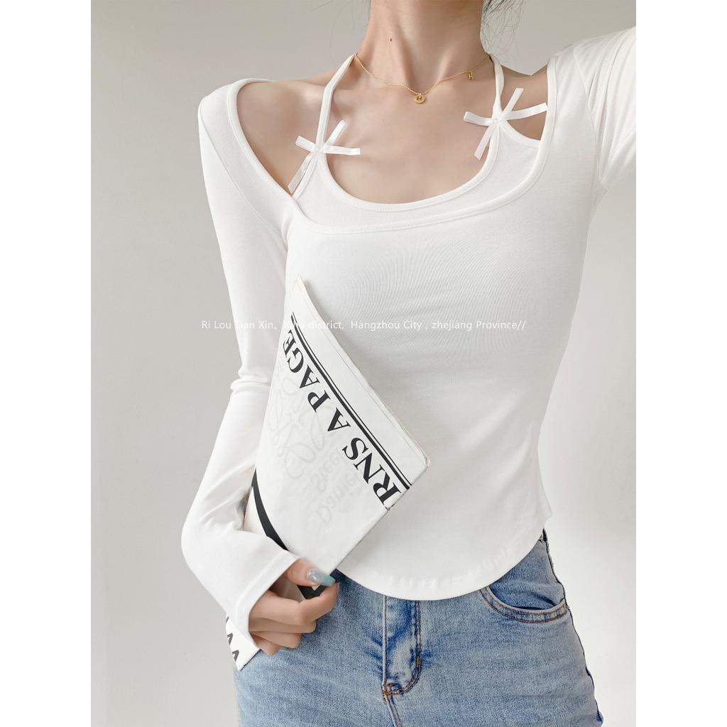 Sweet desire human lace-up neck fake two long-sleeved T-shirt women's autumn pure desire bow arc edge hem short top
