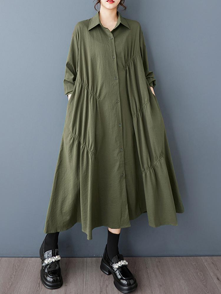 Xitao Pleated Single Breasted Lapel Dress GYX1542