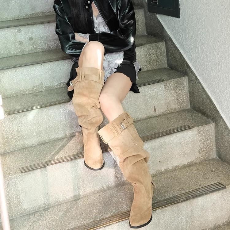 Niche design rear zipper pointed big tube circumference high heel stacking boots retro western cowboy boots thick heel boots women