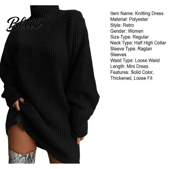 Sweater Dress Solid Color Half High Collar Raglan Long Sleeve Loose Fit Knitting Autumn Winter Mini Knitwear Knit