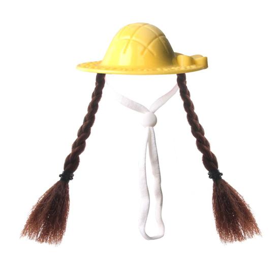 Small Pet Sun Hat Hamster Hat with Double Braids Elastic Strap Adjustable Hat with Wig for Budgies Parrots Roosters Guinea Pigs