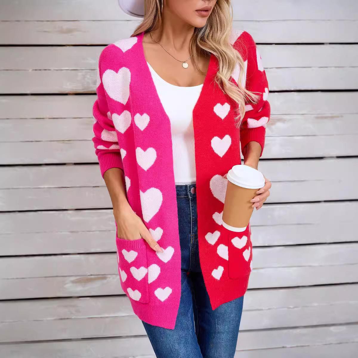 

Зимний женский лоскутный трикотажный длинный кардиган с карманом на День святого Валентина Love Sweater XL розы красного