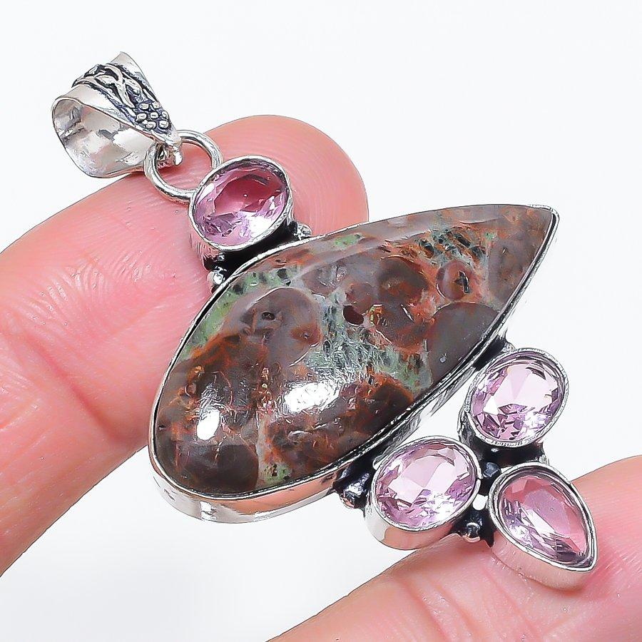 

Natural Mud Crack Fossil, Kunzite 925 Sterling Silver Jewelry Pendant 2.17 C1p06