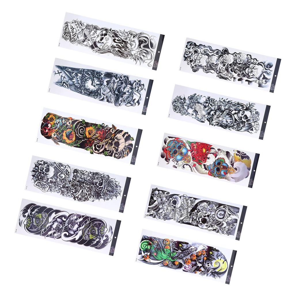 10pcs Fake Tattoo Stickers Temporary Waterproof Skull Pattern Full Arm Tattoos for Halloween