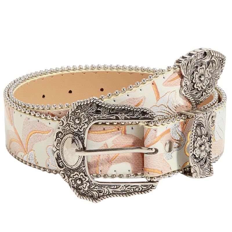 

Vintage Flower Print Belt for Women Girl Ethnic Embossed Buckle Waist Belt PU Leather Belt Elegant Western Waistband