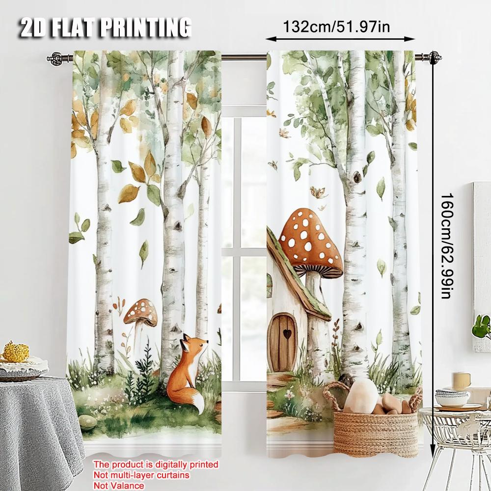 2pcs   Curtain Cloth  print Forest Fox Mushroom Versatile Fabric (without rod) Gifts Perfect for Living Room & Office Decor