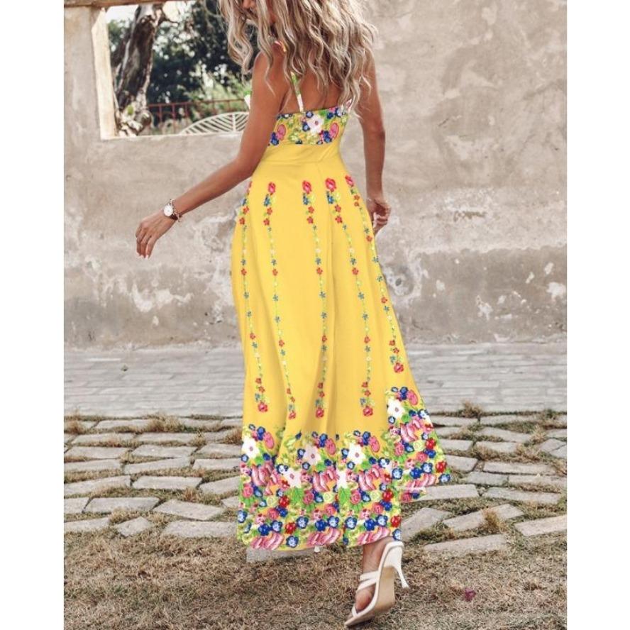 YYFS Vestidos Casuales de Moda para Mujer Verano Primavera Estampado Floral sin Mangas Cuello en V Cintura Alta