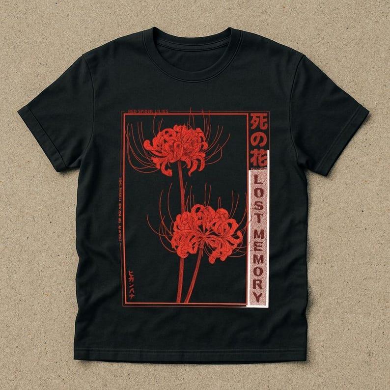 Vintage Red Spider Lily T-Shirt Dead Flower Lost Memory Anime Aesthetic Tee Dark Harajuku Goth Streetwear Graphic Casual Shirt