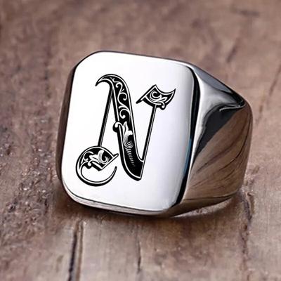 Retro Initials Signet Ring for Men Bulky Heavy Stamp Male Band Stainless Steel Letters Jewelry