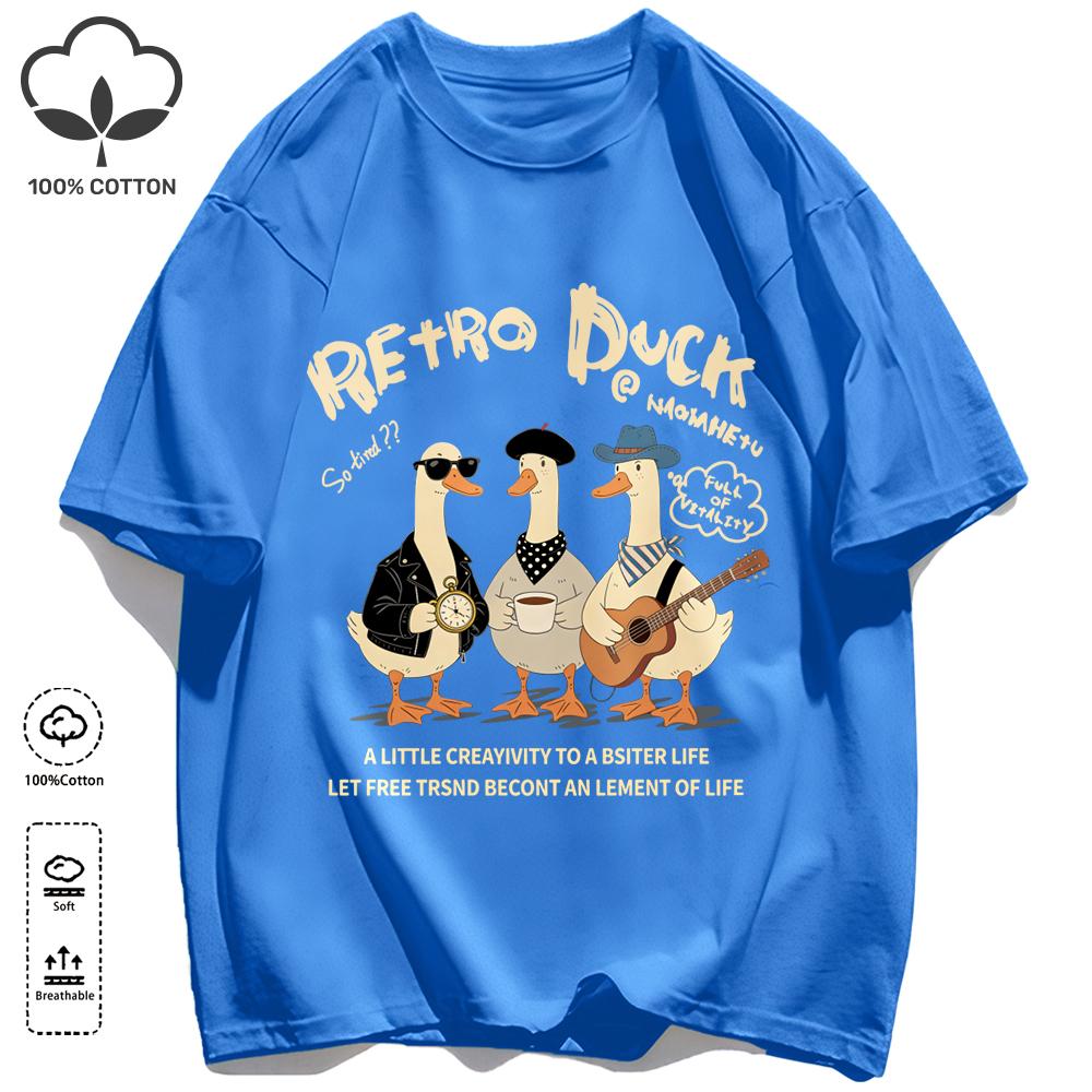 Retro Duck With Free Time T Shirt Unisex Fashion All-Match Basics Streetwear O-Neck Cotton Clothing Unisex Summer Loose Tee