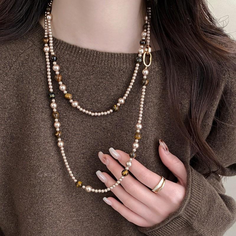 Handmade Layered Tigers Eye Brown Pearl Necklace 118cm Long Chain Minimalist Chic Statement Jewelry Women Daily Wear