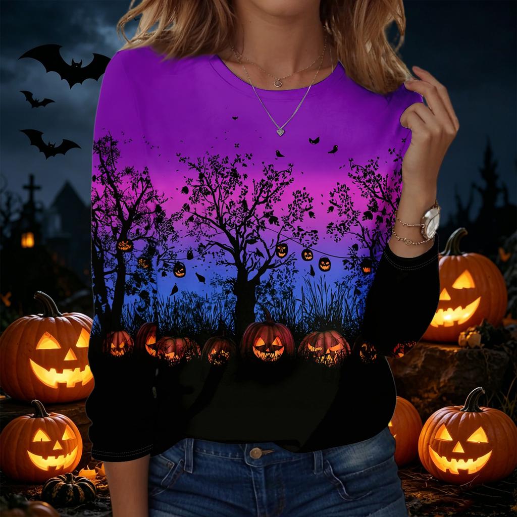 Womens Halloween Printed Crewneck Pullover Sweatshirt Long Sleeve Casual Top with Graphic Design for Seasonal Wear