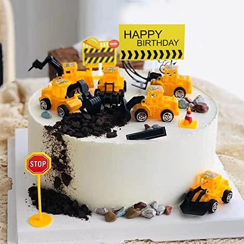 18 PCS Construction Cake Toppers Vehicles Cake Decoration Set Excavator Tower Crane Cupcake Topper Traffic and Road Sign Decor