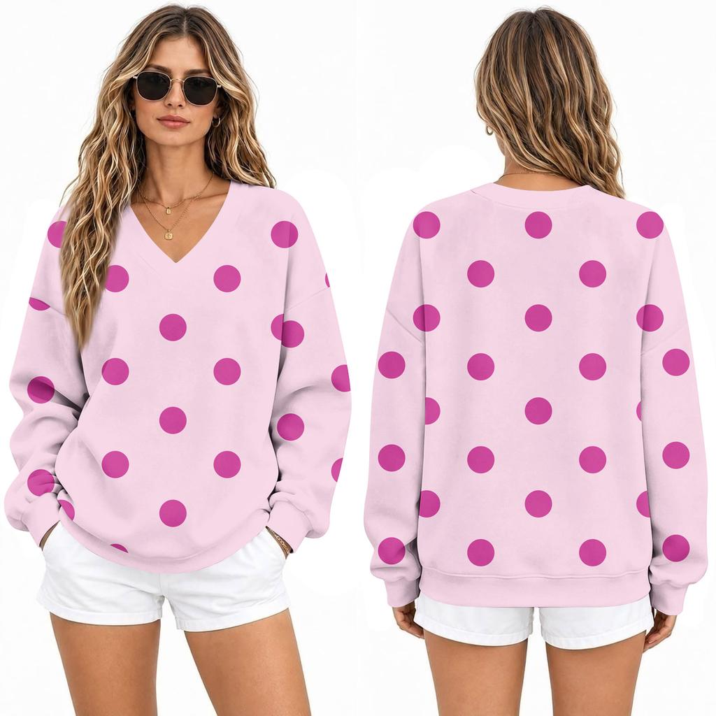 Women's Loose Fit V-Neck Sweatshirt with Polka Dot Print Casual Pullover Top for Everyday Wear